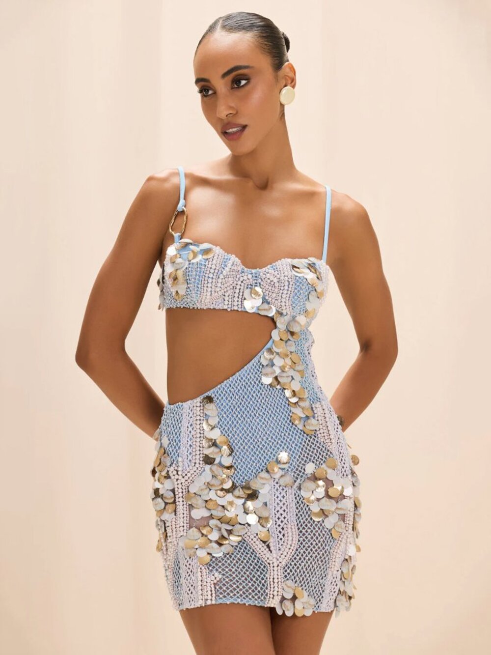 PatBO Seashell Embroidery Cut Out Mini Dress Blue Pearl Size US 4